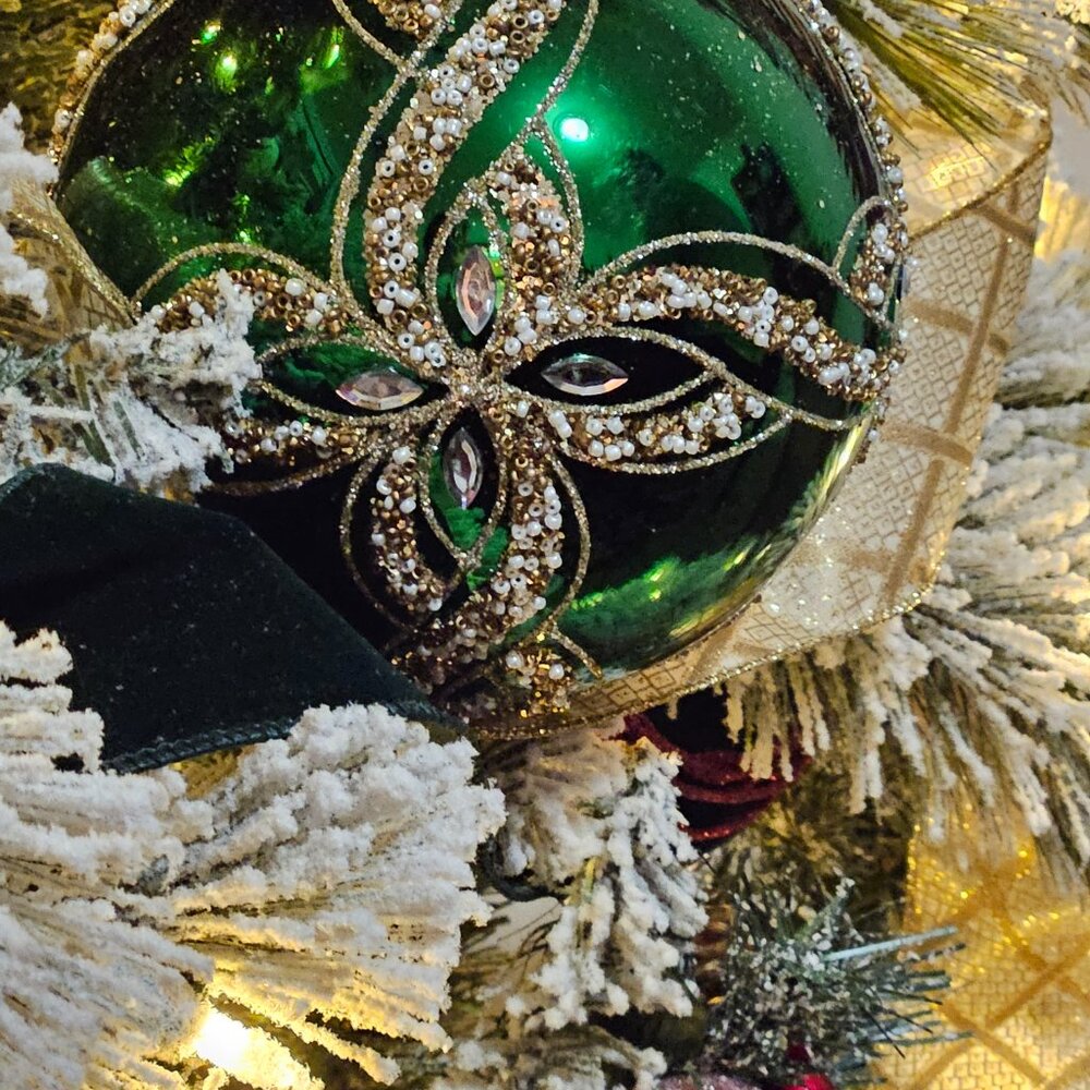 6” Emerald Green Jeweled Christmas Ornament Gold Beaded Luxe Decor - Picture 8 of 8